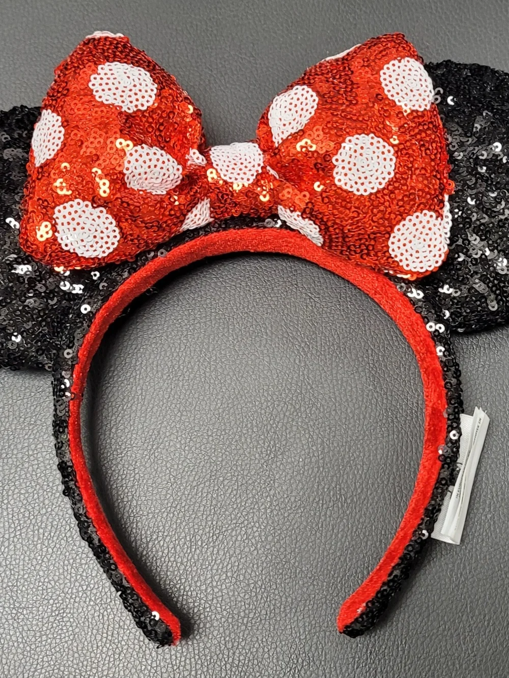 Disney Red Sequin Polka Dot Bow Headband with Black Sequin Ears